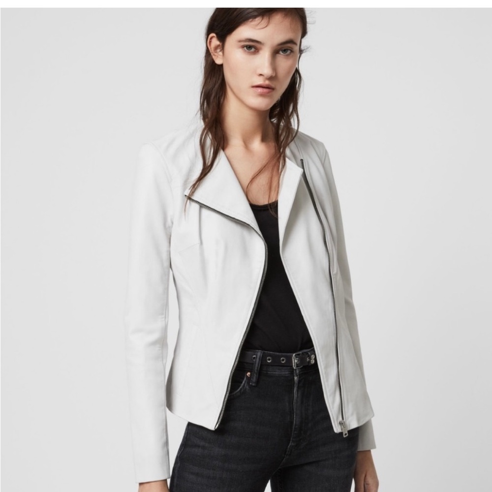 ALLSAINTS Fawn Biker Moto Jacket Lamb Leather Off White Asymmetrical Zipper Sz 0